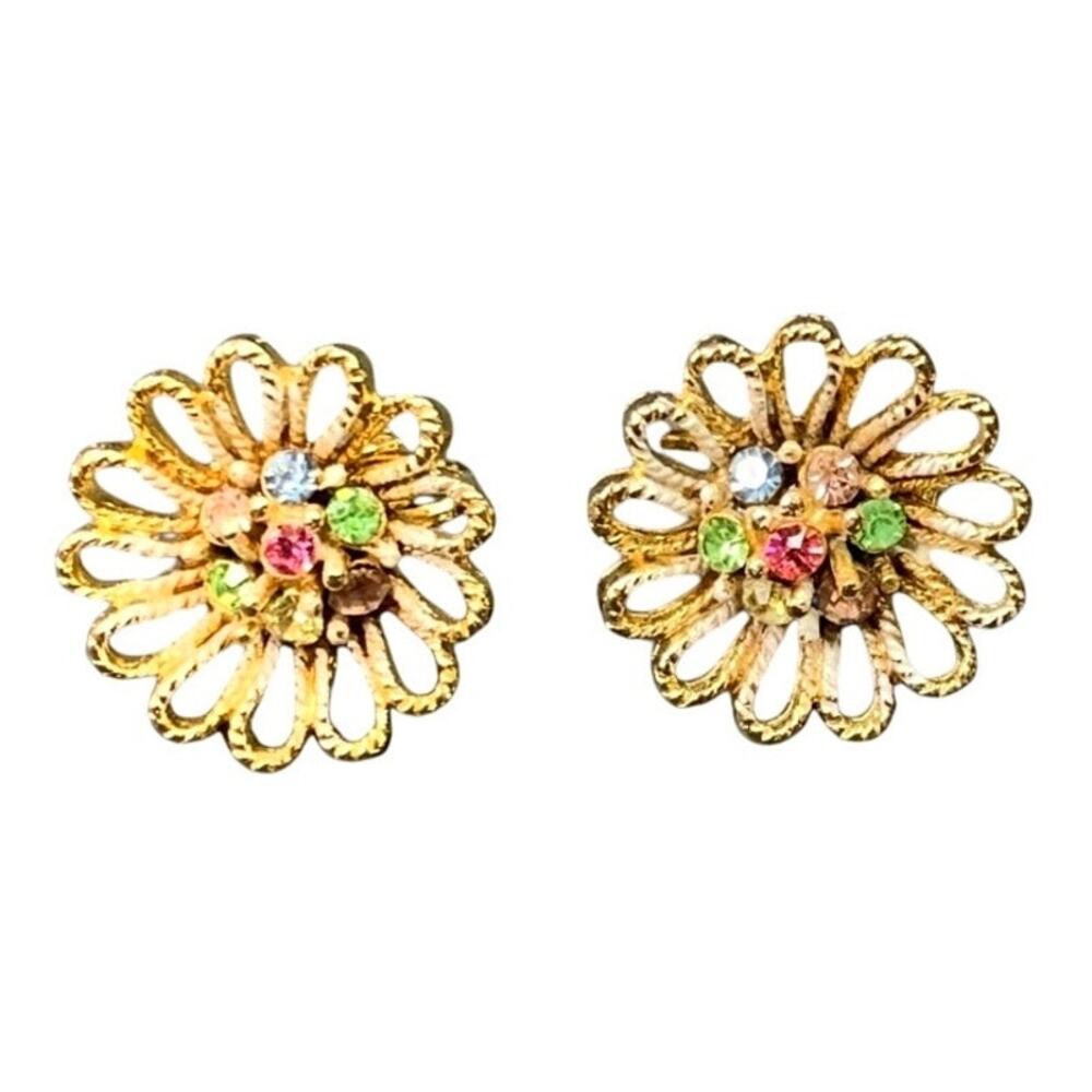 Vintage 1940s Floral Earrings – Gold Filigree & Rhinestones Clip Back